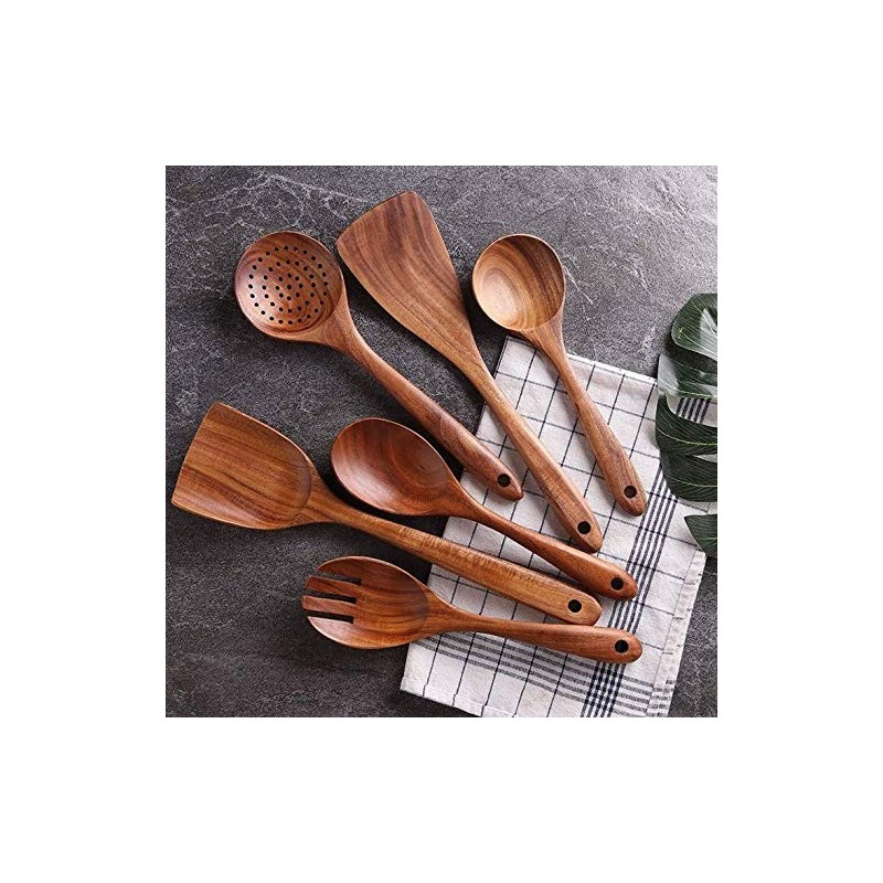 ITOS365 Handmade Wooden Non-Stick Serving and Cooking Spoon Kitchen Tools Utensil Set of 6