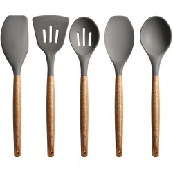 Zollyss Non-Stick Silicone Cooking Utensils Set with Natural Acacia Hard Wood Handle 5 Piece Grey High Heat Resistant