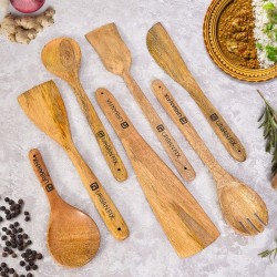 Urbanfix Wooden Spatula Ladle Set Pack Of 7 For Serving Cooking Spoon For Dosa Chapati Roti Soup Salad Mango Wood Wooden