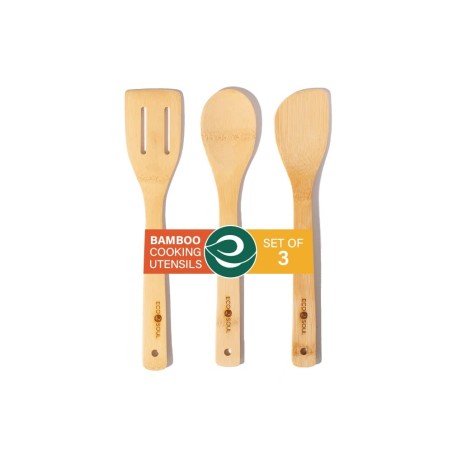 Eco Soul Set Of 3 Bamboo Cooking Utensils Non-stick Wooden Spatula Kitchen Flatware Organic Spoons Ladles