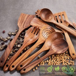 Gudamaye Wooden Kitchen Utensils Set 6 PCS Wooden Spoons for Cooking Wooden Cooking Utensils Natural Teak