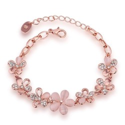 Okos Rose Gold Plated Pink Flowers Link Chain Adjustable Size Charm Alloy Bracelet Decorated With Crystals