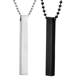 Fashion Frill Men's Jewellery 3D Cuboid Vertical Bar/Stick Stainless Steel Black Silver Locket Pendant Necklace Chain