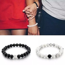 Shining Diva Fashion Distance Couple Natural Stones Reiki Yoga Healing Onyx and Howlite Unisex Bracelet for Men and Women