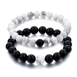 Okos Fashion Jewellery Combo of 2 Adjustable Free Size Stylish Unisex White and Black Beads Magnetic Couple Bracelet