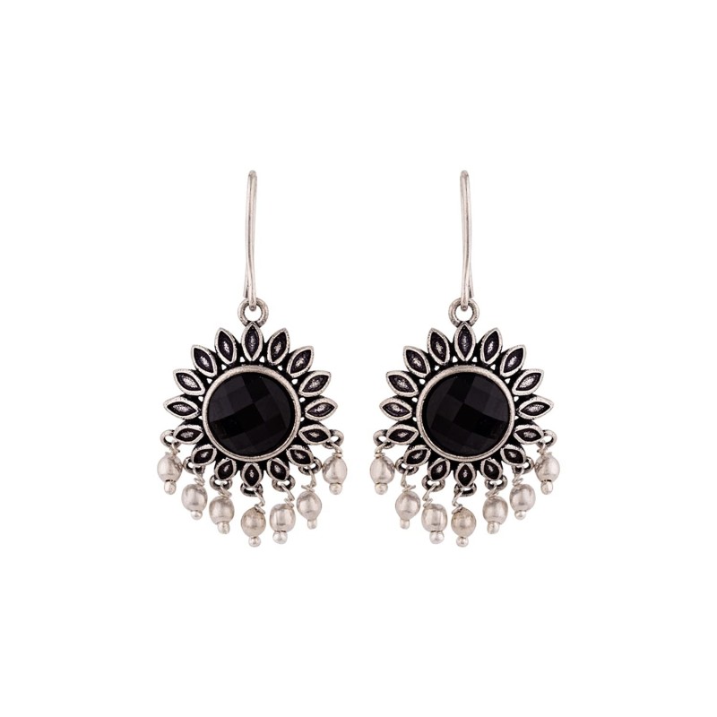 Voylla Brass Oxidized Silver Plating Flower Shape Dangler Earrings with Black Stone for Women and Girls
