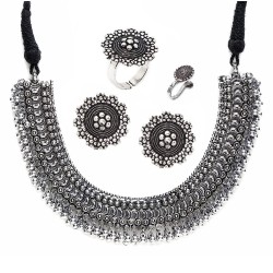 YouBella Fashion Jewellery Set for Women Antique Oxidised Silver Plated Tribal Jewellery Necklace Earring Set for Women & Girls