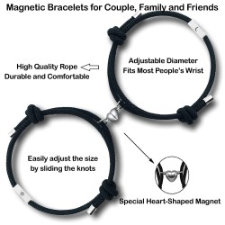 Tekme 2pcs Set Magnetic Couple Bracelets For Women Men, Stainless Steel Heart Shaped With Sun And Moon Attraction