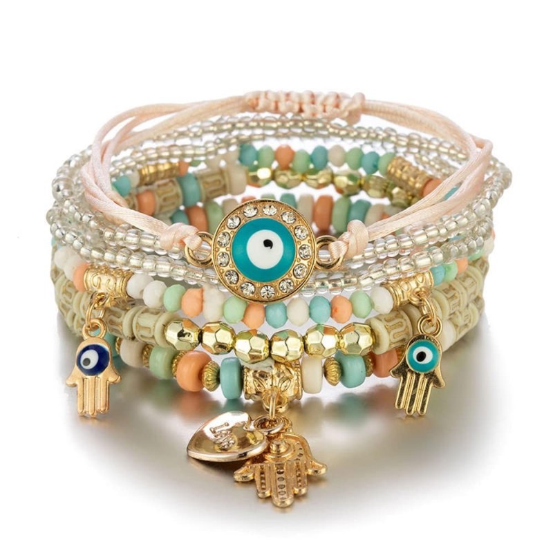 Hamsa Hand with Evil Eye Beaded Bracelet Set – Ashley Sky Boutique
