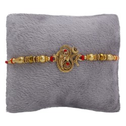 Riddhika Ventures Glorious Gold Plated Om and Diamond Ring Rakhi Bracelet with Roli Chawal and Greeting Card