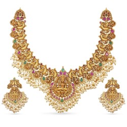Shining Diva Fashion Latest Stylish Design Fancy Pearl Choker Traditional Temple Necklace Jewellery Set for Women Golden