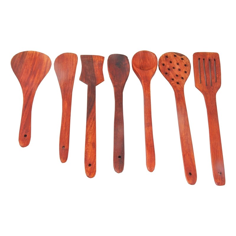 Shiv Shakti Arts Wooden Serving and Cooking Spoons Wood Brown Kitchen Utensil Set of 7 Premium