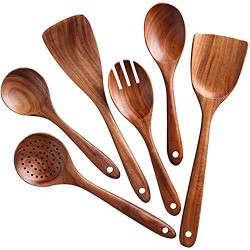 Craftland Handmade Wooden Serving and Cooking Spoon Ladles & Turning Spatulas Kitchen Non Stick Utensil Set 6