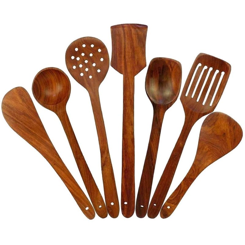 Kombuis Kitchenware 7 PCS Wooden Spoons and Spatula for Cooking Sleek Sold and Non Stick Cookware for Home Use and Kitchen Décor