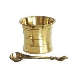 SoilMade Brass Panchpatra Glass and Spoon Round Shape Brass Made Size Aprox 7cm
