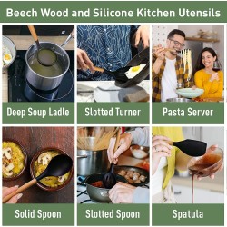 P-Plus International 4 Piece Spatula Set Wooden Handle Kitchen Utensil Set ladle for Soup Slotted Spoon