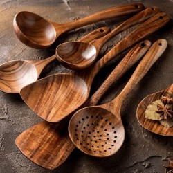 Ganga Antiques Wooden Luxery Serving and Cooking Spoons Set Wood Brown Spoons Kitchen Utensil Set of 7