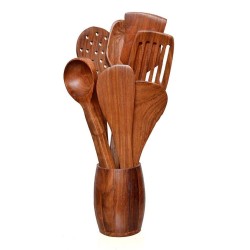 Szhc Wooden Spoon Set With Barrel Shaped Spoon Holder Stand 7 Spoons