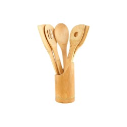 Classy Touch Bamboo Cooking, Serving Wooden Spoon 5 Piece Set With 1 Bonus Holder Wooden