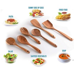 Pixlinq Teak Wooden Kitchen Utensil Cooking Spoon Set With Spatulas For Non Stick Pans Wooden Utensil Cooking