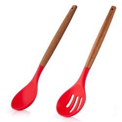 P Plus International 2 Pieces Silicone Cooking Spoons Set Large Serving Spoon Silicone Wood Handle Spoons  Set of 2 Red
