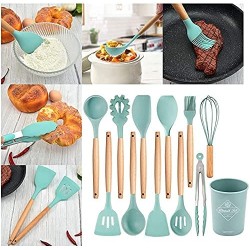 SHYONA Silicone Kitchen Utensil Set 11 Pieces Cooking Utensil with Wooden Handles Utensils Holder for Nonstick Cookware Spoons