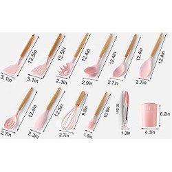 SHYONA Silicone Kitchen Utensil Set 11 Pieces Cooking Utensil with Wooden Handles Utensils Holder for Nonstick Cookware Spoons