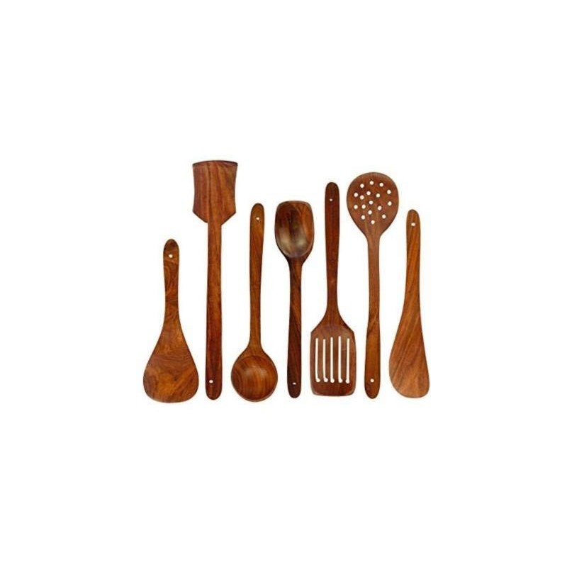 Nohunt Wooden Natural Wood Spoon & Spatula Set of 7 2 Frying 1 Serving 1 Spatula 1 Chapati Spoon
