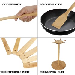 Hokipo Bamboo Wooden Cooking Spoons Set With Holder Large Spoons
