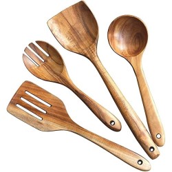 Craft Online Handmade Wooden Serving and Cooking Spoon Ladles & Turning Spatulas Kitchen Non Stick Utensil Set 4