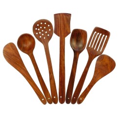 Simran Handicrafts Wooden Serving and Cooking Spoons Wood Brown Spoons Kitchen Utensil Set of 7