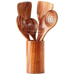 Craftland Kitchen Utensils Set Wooden Spoons for Cooking Non Stick Pan Kitchen Tool Set of 6 with Holder