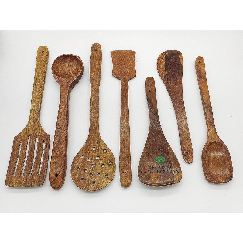 Smarts collection Wooden Serving and Cooking Spoons Wood Brown Spoons Kitchen Utensil Set of 7