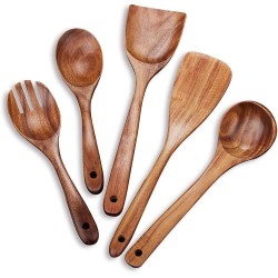 The Carving Hut Wooden Cooking Spoon Wooden Ladle Non Stick Serving And Cooking Spoon Set Of 5