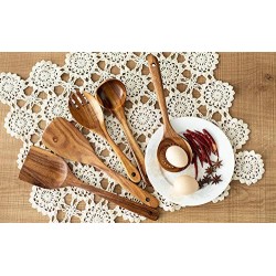 Tezz Wooden Kitchen Utensils Set, 5 Pcs Natural Acacia Wooden Cooking Spurtle Set for Non-Stick Pan Kitchen Tool Cooking Ladle and Wo