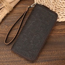 Men's Crazy Horse Leather Retro Embossing Fashion Long Wallet