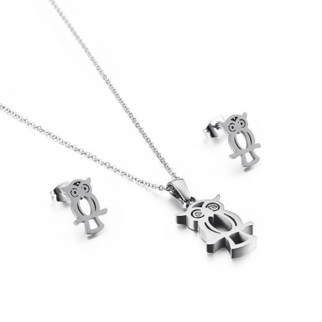 Empty Owl Necklace Stainless Steel Earring Item Set