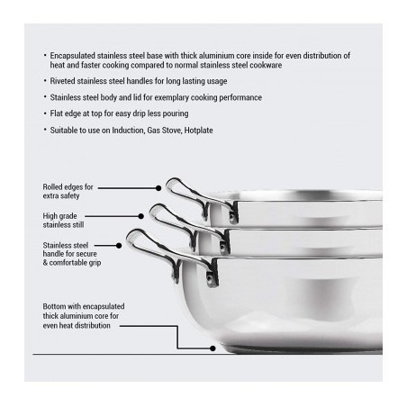 Milton Pro Cook Stainless Steel Kadhai With Lid 24 cm 3 Litre