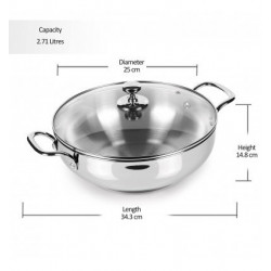 Milton Pro Cook Stainless Steel Sandwich Bottom Kadhai with Glass Lid 24 cm
