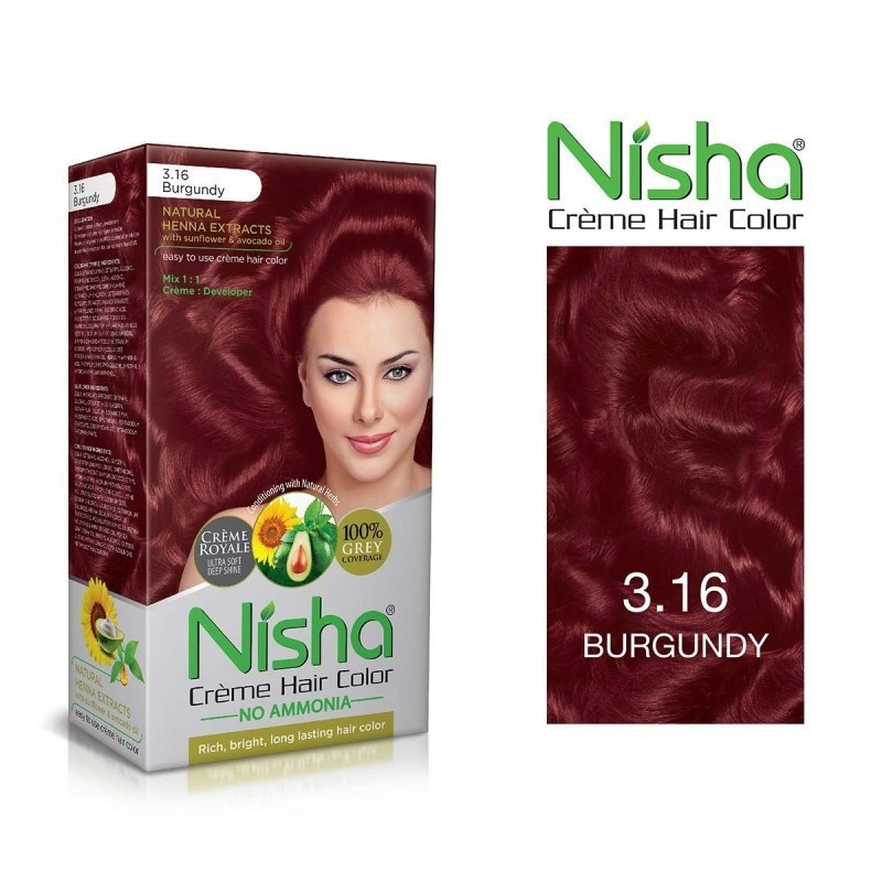Nisha creme hair colour 3.16 burgundy 60gm+60ml +18ml nisha conditioner with natural herbs 100% grey hair coverage pack of 1