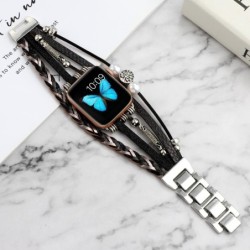 Vintage Metal Leather Jewelry Wrist Strap Smart Watch Strap