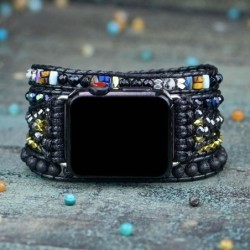 Black Retro Woven Watch Band  Natural Stone Bead Strap Bracelet