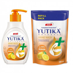 Yutika naturals complete protection lemon handwash natural extract liquid soap pump 200ml with 180ml liquid refill handwash
