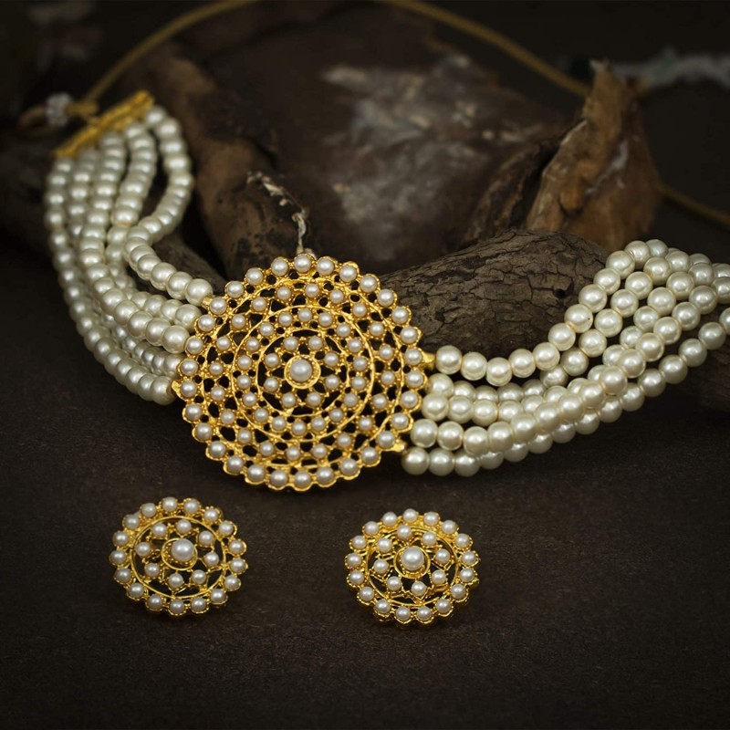 Gold Plated Studded Off White Pearl Beaded Meenakari SUNFLOWER Necklace Set  with Earrings at best price in New Delhi