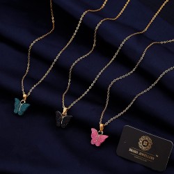 Gold Plated Combo Of 3 Butterfly Pink Green Black Pendant Chain necklace For Women and Girls