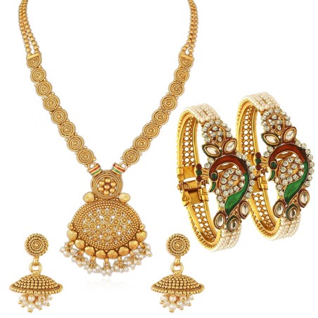 Peacock Gold Plated Necklace Set & Kada Combo For Women