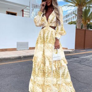 Women's Clothing Printing Fashionable Long V-neck Long-sleeved Temperament Dress