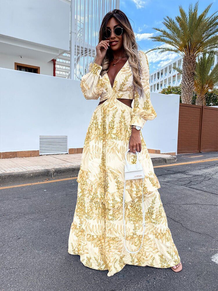 Women's Clothing Printing Fashionable Long V-neck Long-sleeved Temperament Dress