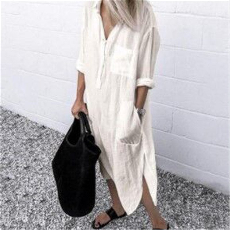 Elegant Solid Color Slit Dress Long Shirt Dress - Image 3