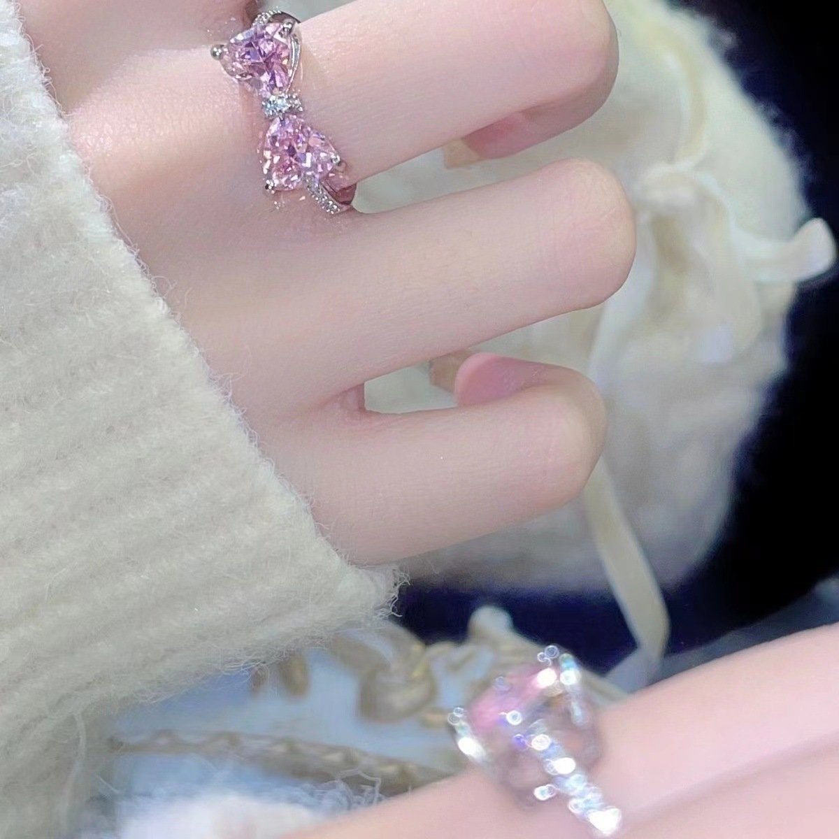 Princess's Castle Pink Bow Female Diamond Zircon French Girl Micro-inlaid Ring - Image 8
